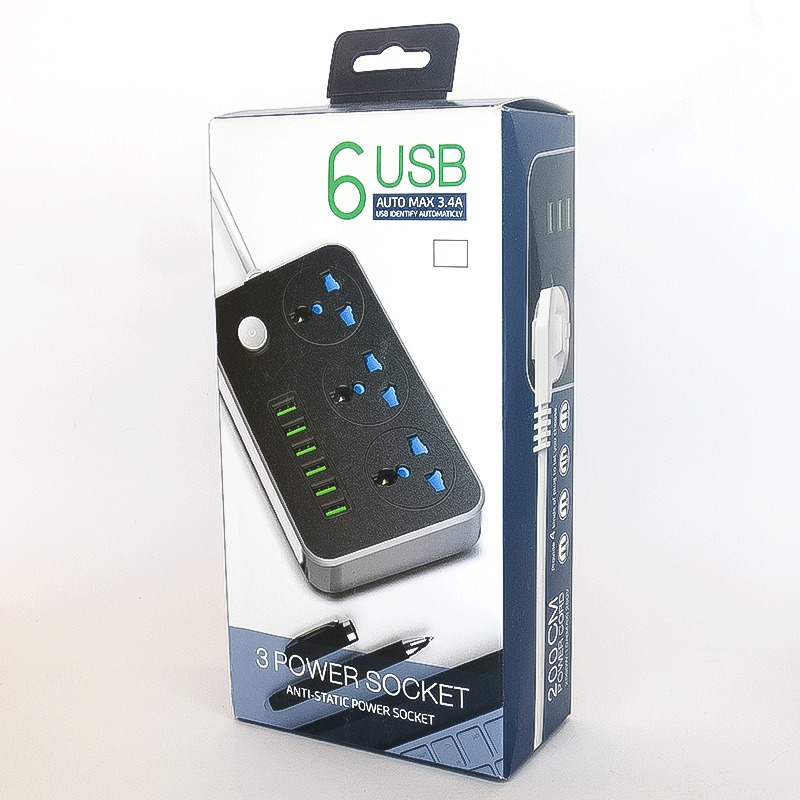 سه راهی برق دارای 6 پورت USB با کابل 2 متری