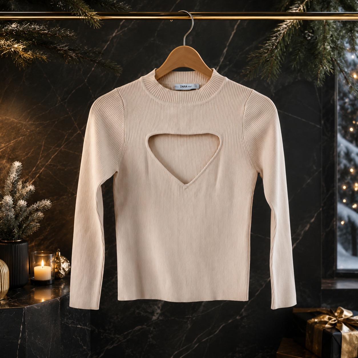 بلوز بافت کبریتی کرم یقه چاکدار زارا زنانه zara نو