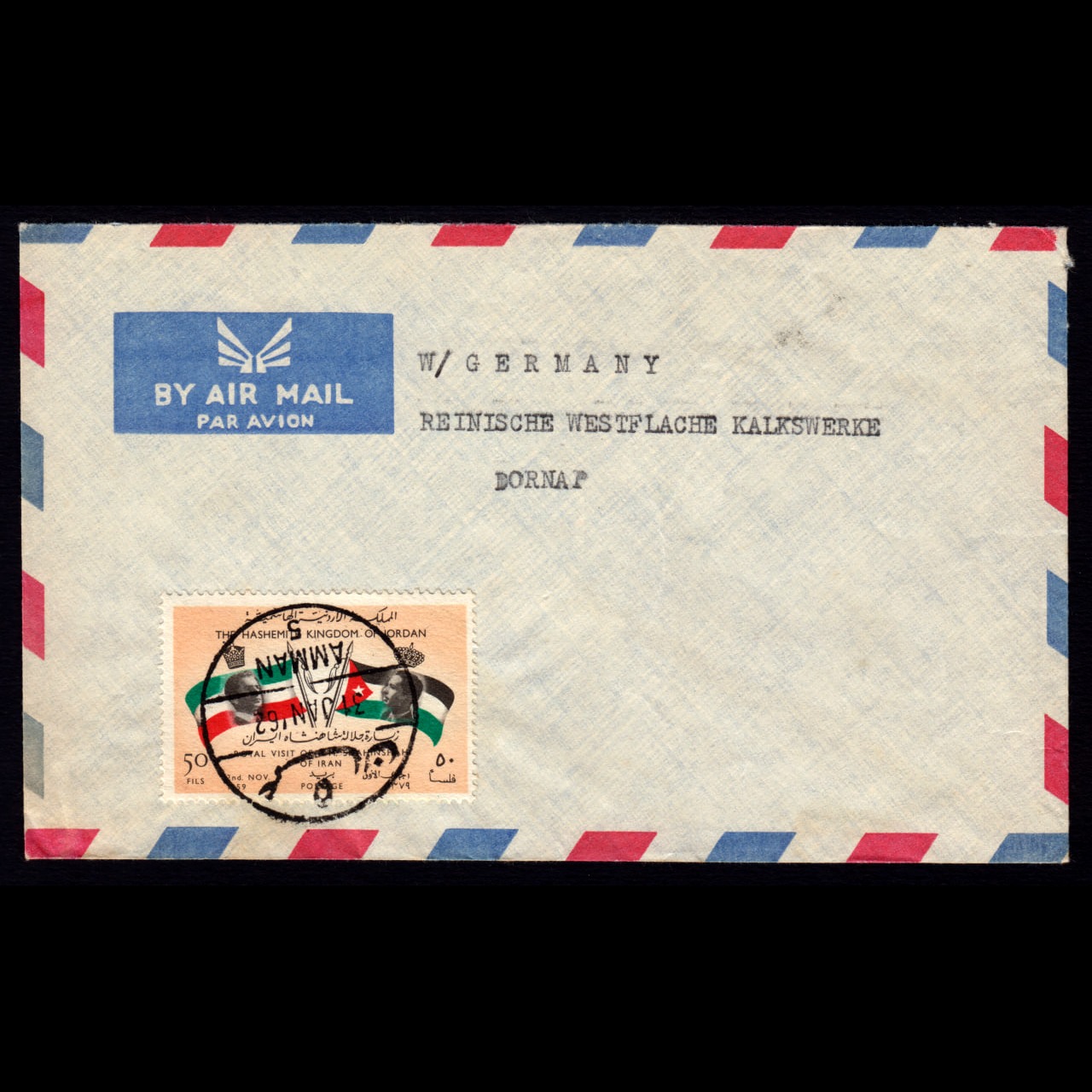 پاکت نامه هوایی اردن به آلمان غربی 1962 میلادی