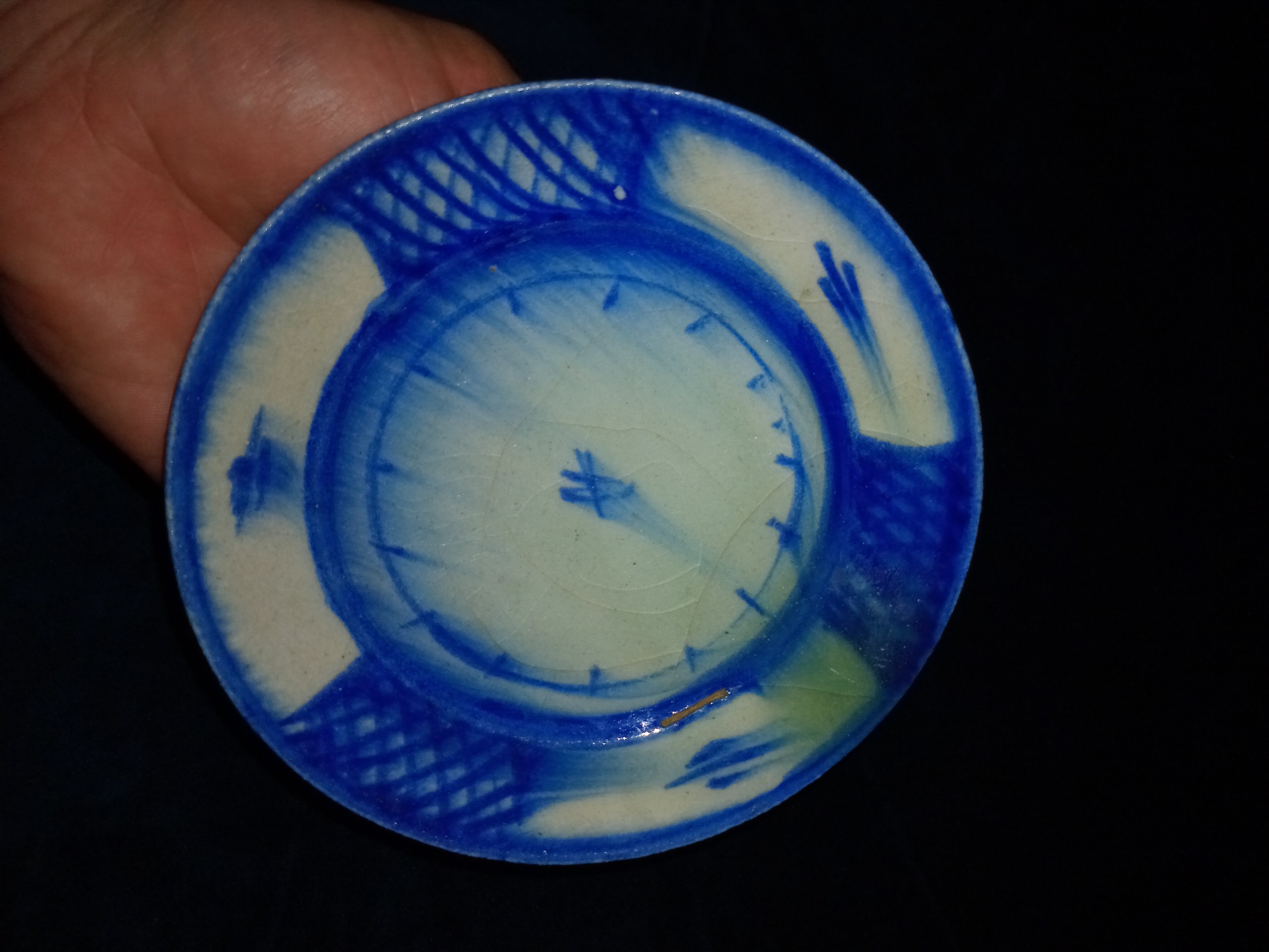 بشقاب سفالی قلم آبی کهنه قاجاری کلکسیونی کمیاب