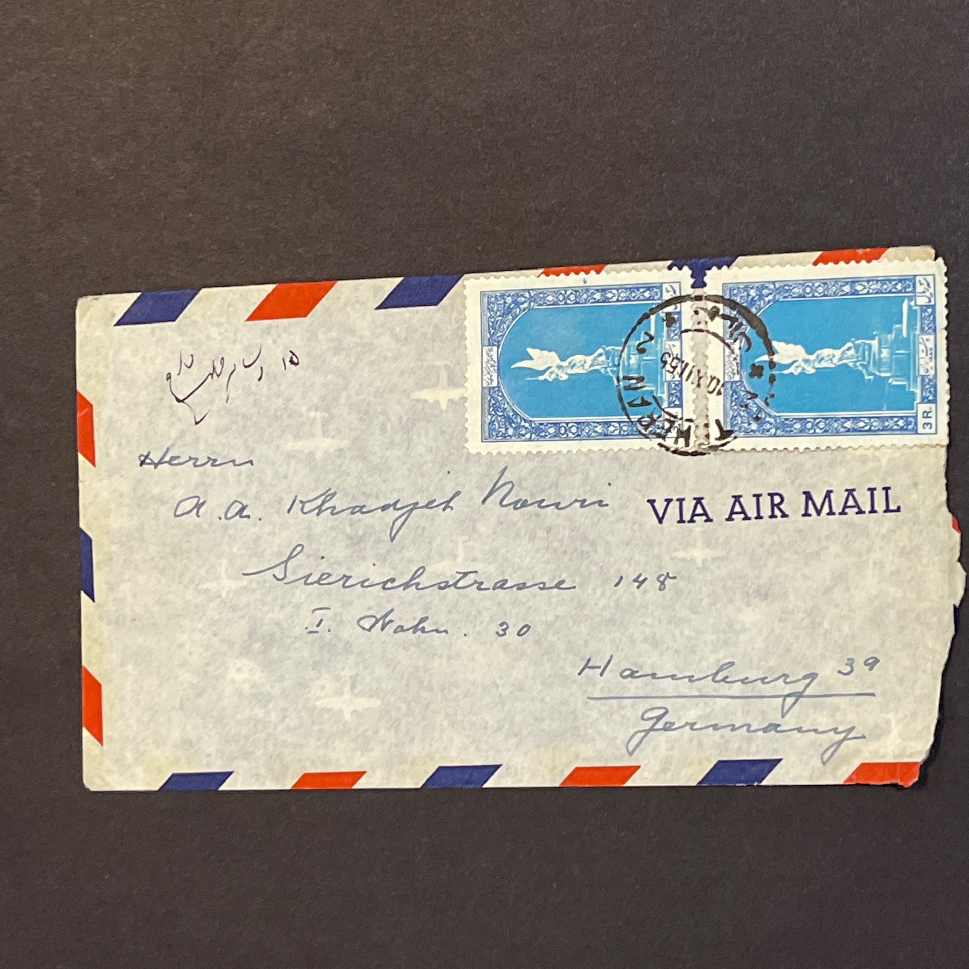 پاکت جذاب تهران به هامبورگ با تمبر3 ریال مشروطیت