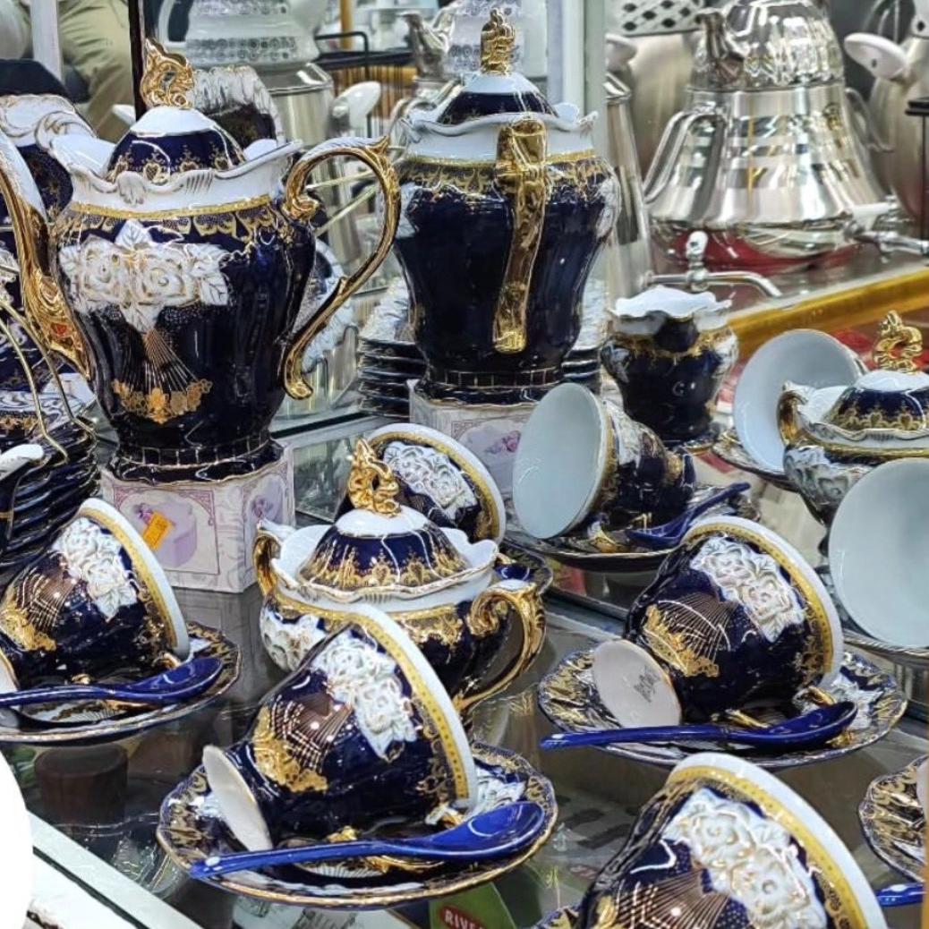 چایی خوری طرح برجسته گل چینی  سرمه ای نو مارک چک