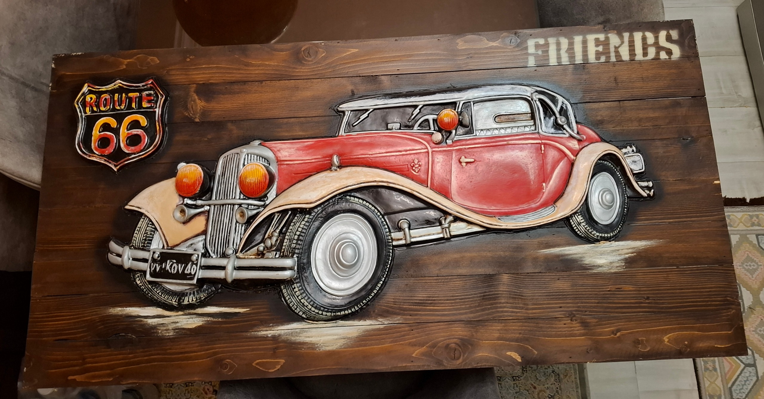 تابلو چوبی برجسته طرح ماشین قدیمی گاراژ 60×120