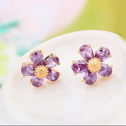 گوشواره طرح گل نگین های کریستالی بنفش ساخت کره