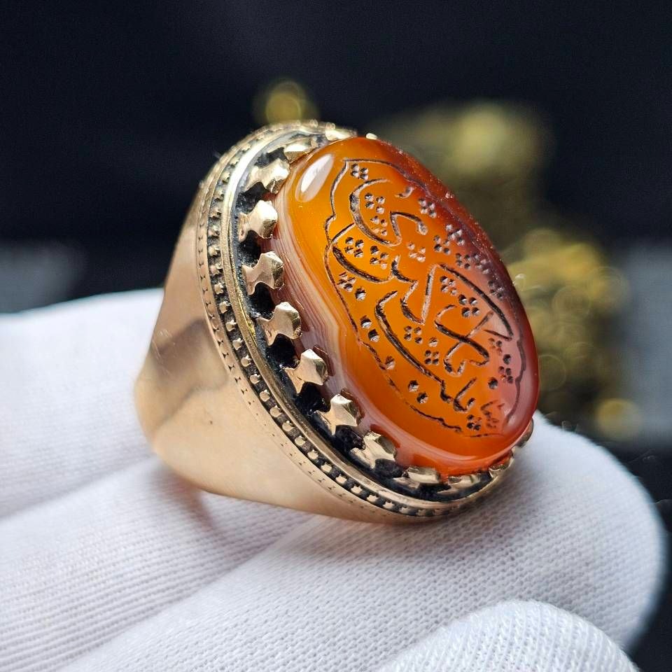انگشترطلاروس با سنگ عقیق معدنی خراسانی کد35167