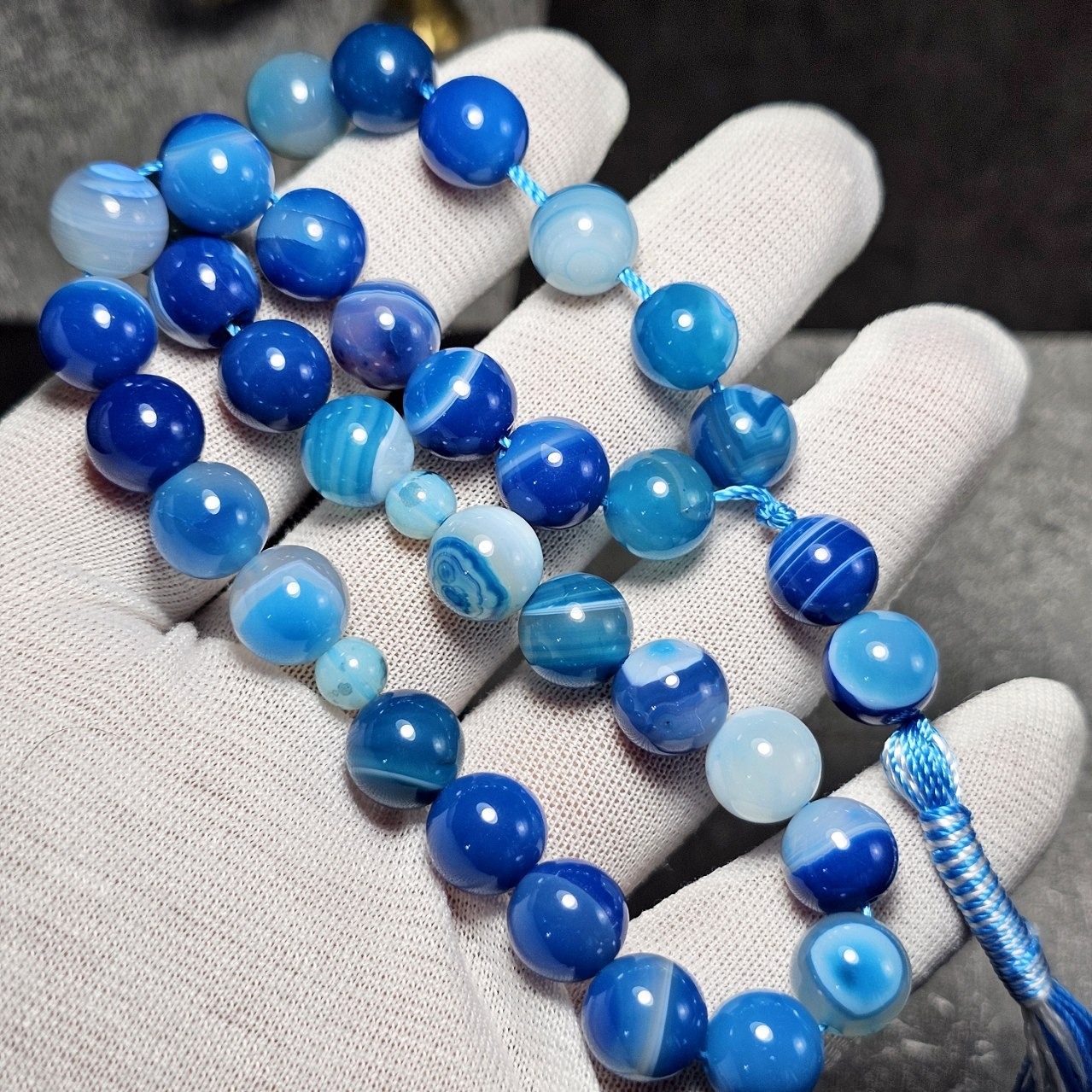 تسبیح 33 دانه عقیق آبی باباقوری معدنی کد36352