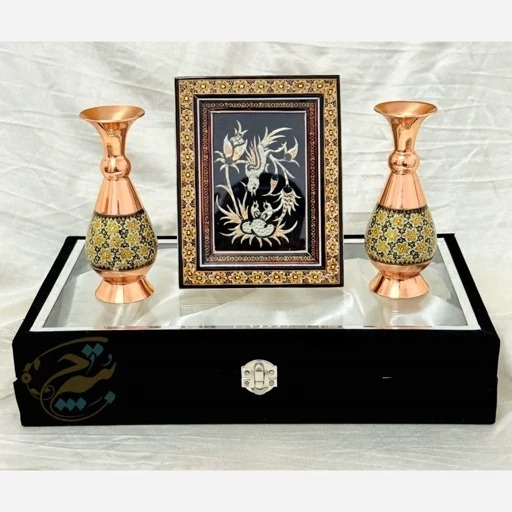 پک هدیه صنایع دستی گلدان خاتم کاری و تابلو