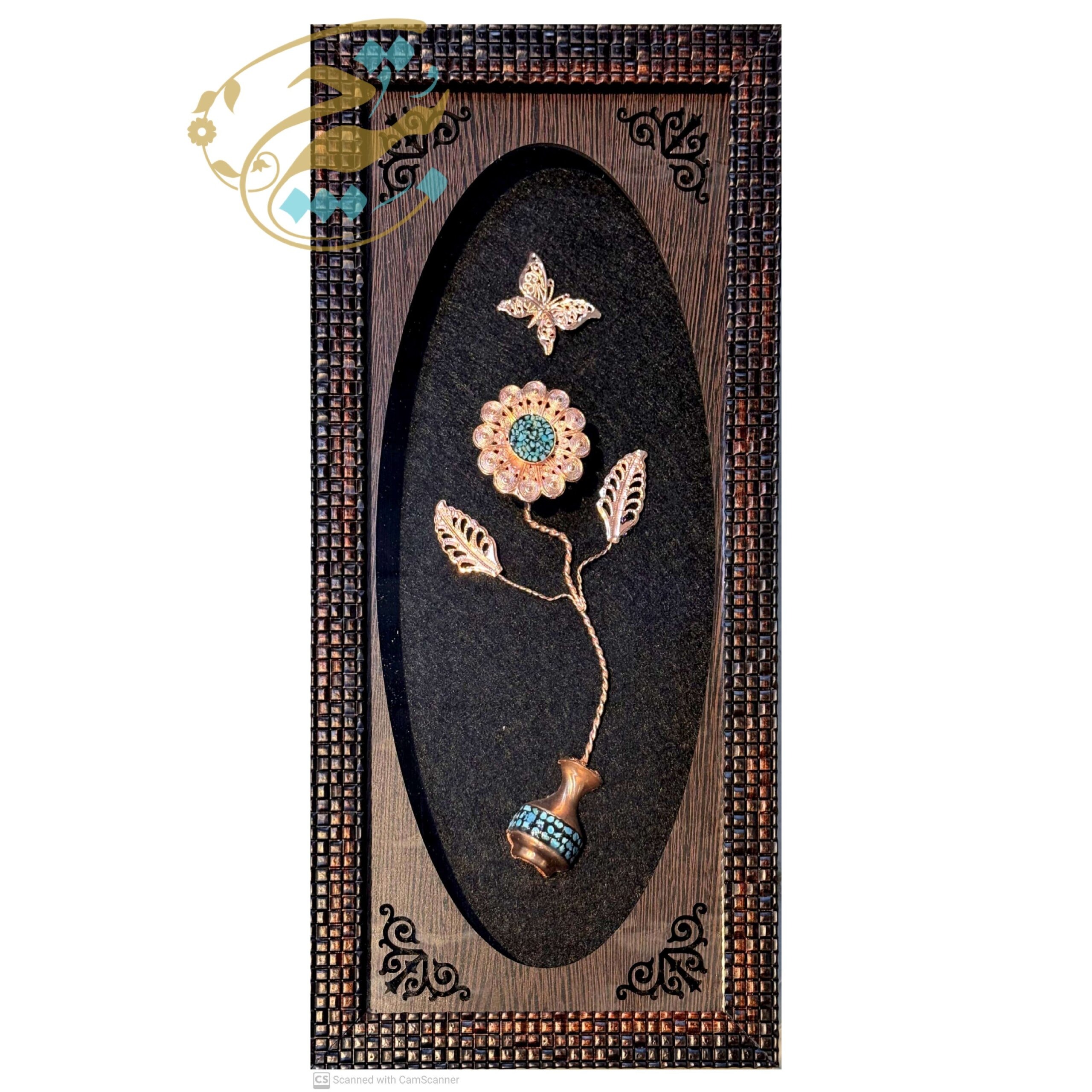 قاب گل مسی فیروزه کوبی تک گل با گلدون