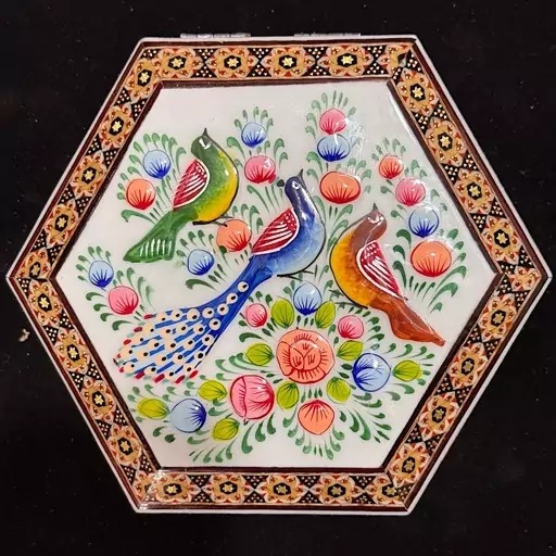 جعبه جواهرات خاتم کاری بزرگ شش ضلعی با نقاشی