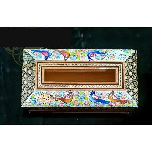 جعبه دستمال کاغذی خاتم کاری گل و مرغ بلک پره وارو