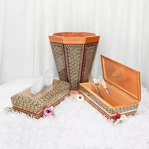 ست جعبه دستمال کاغذی و سطل و جا کاردی خاتم کاری