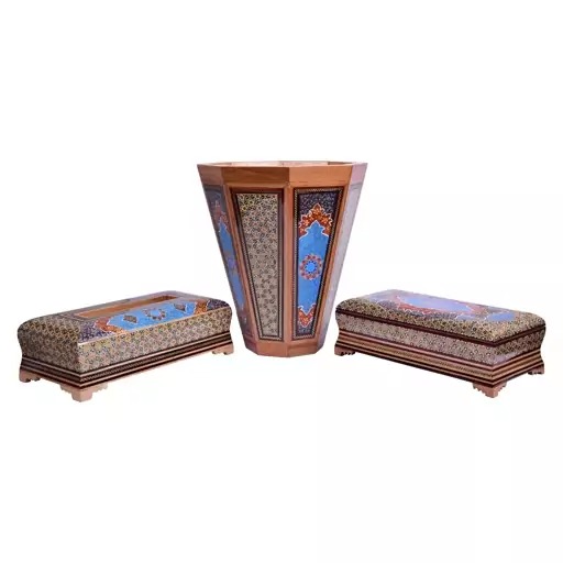 ست جعبه دستمال کاغذی و سطل و جا کاردی خاتم کاری