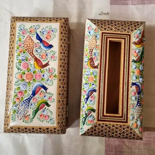 ست جعبه دستمال کاغذی و جاکاردی خاتم کاری مدل گل