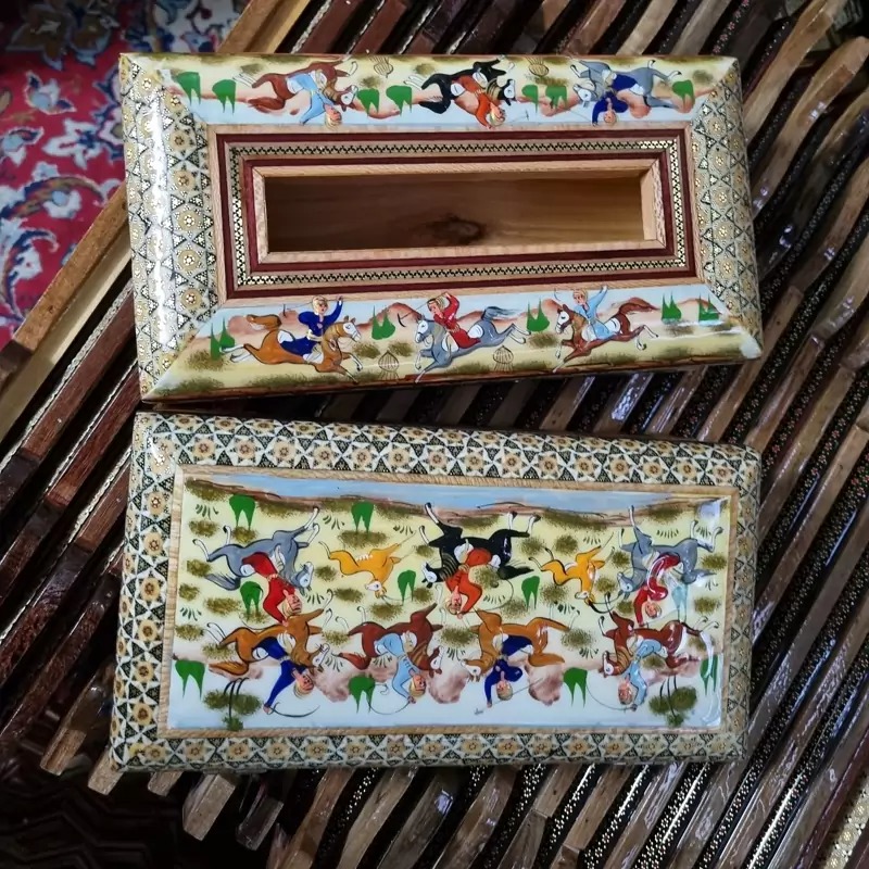 ست جعبه دستمال کاغذی و جاکاردی خاتم کاری مدل چوگان