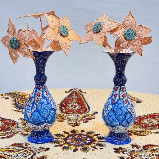 گلدان جفتی مینا کاری روی مس سایز 16