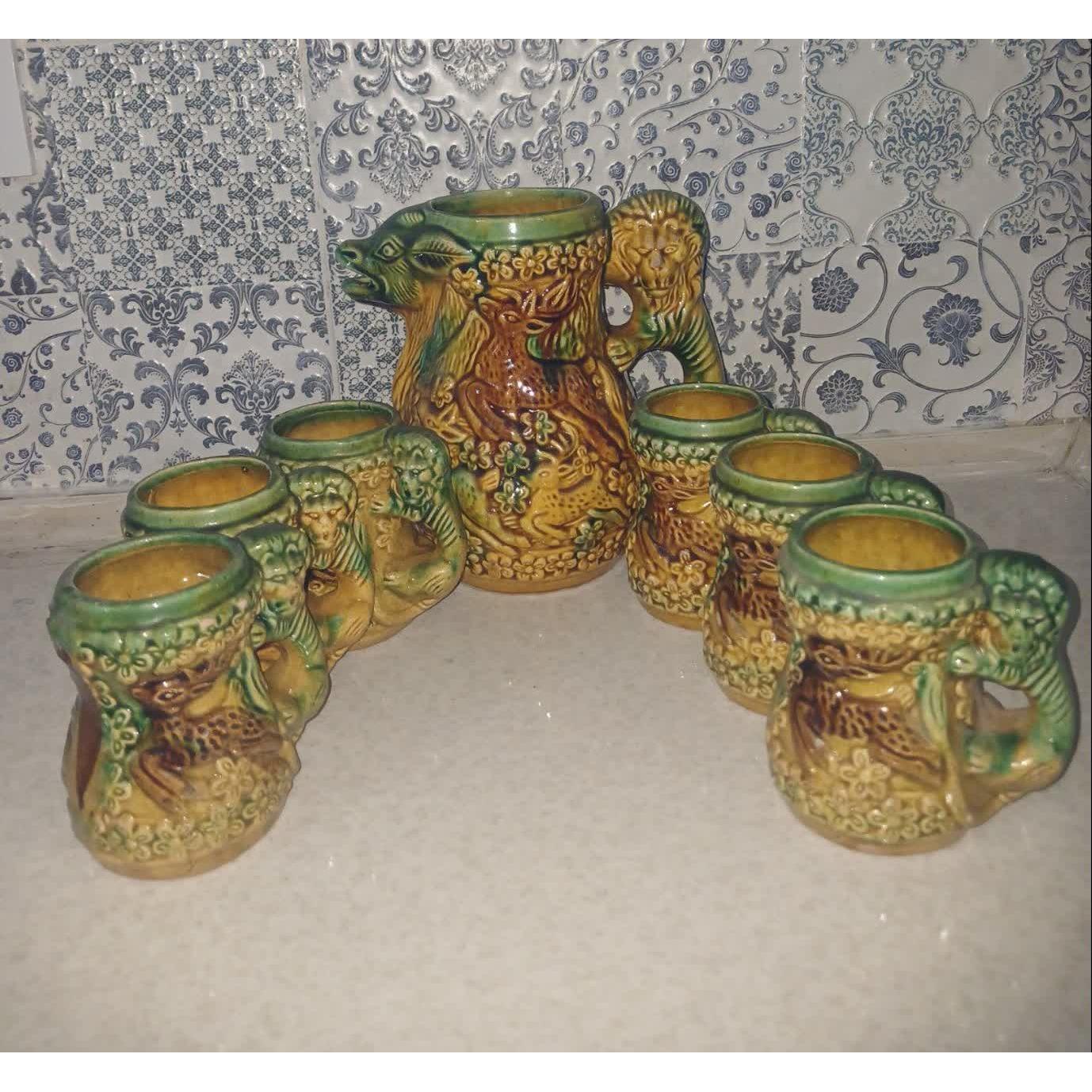 پارچ و 6 عدد لیوان کله شیر سفال قدیم