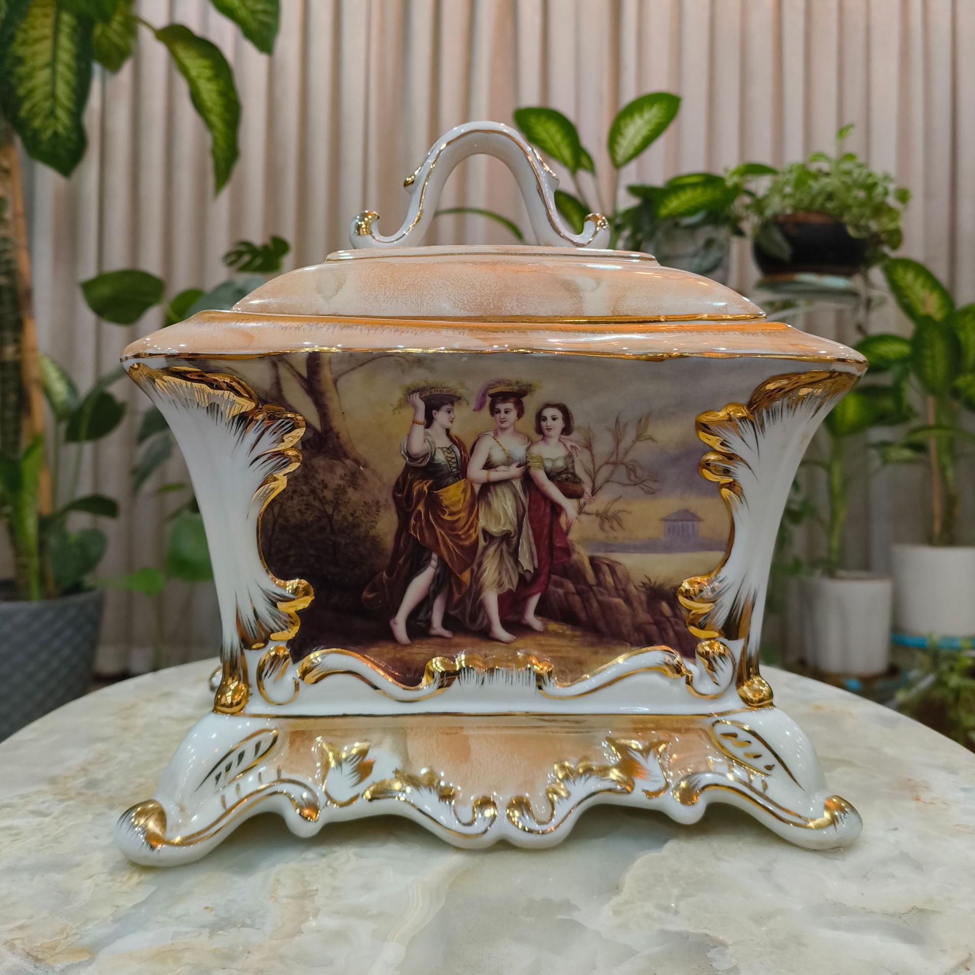 صندوقچه چینی طلاکوب ورسای مرمری رنگ رز گلد آنتیک