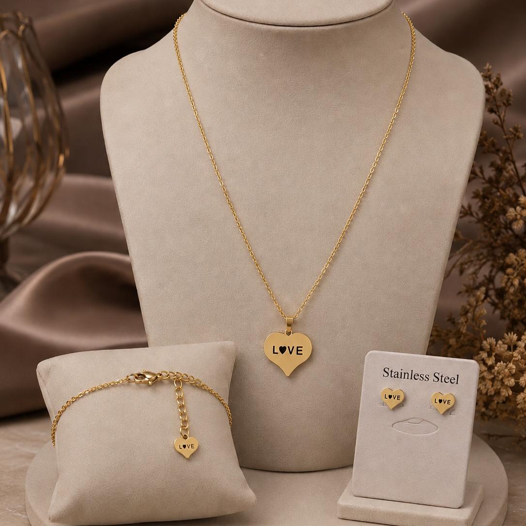 ست گردنبند دستبند گوشواره LOVE استیل رنگ ثابت