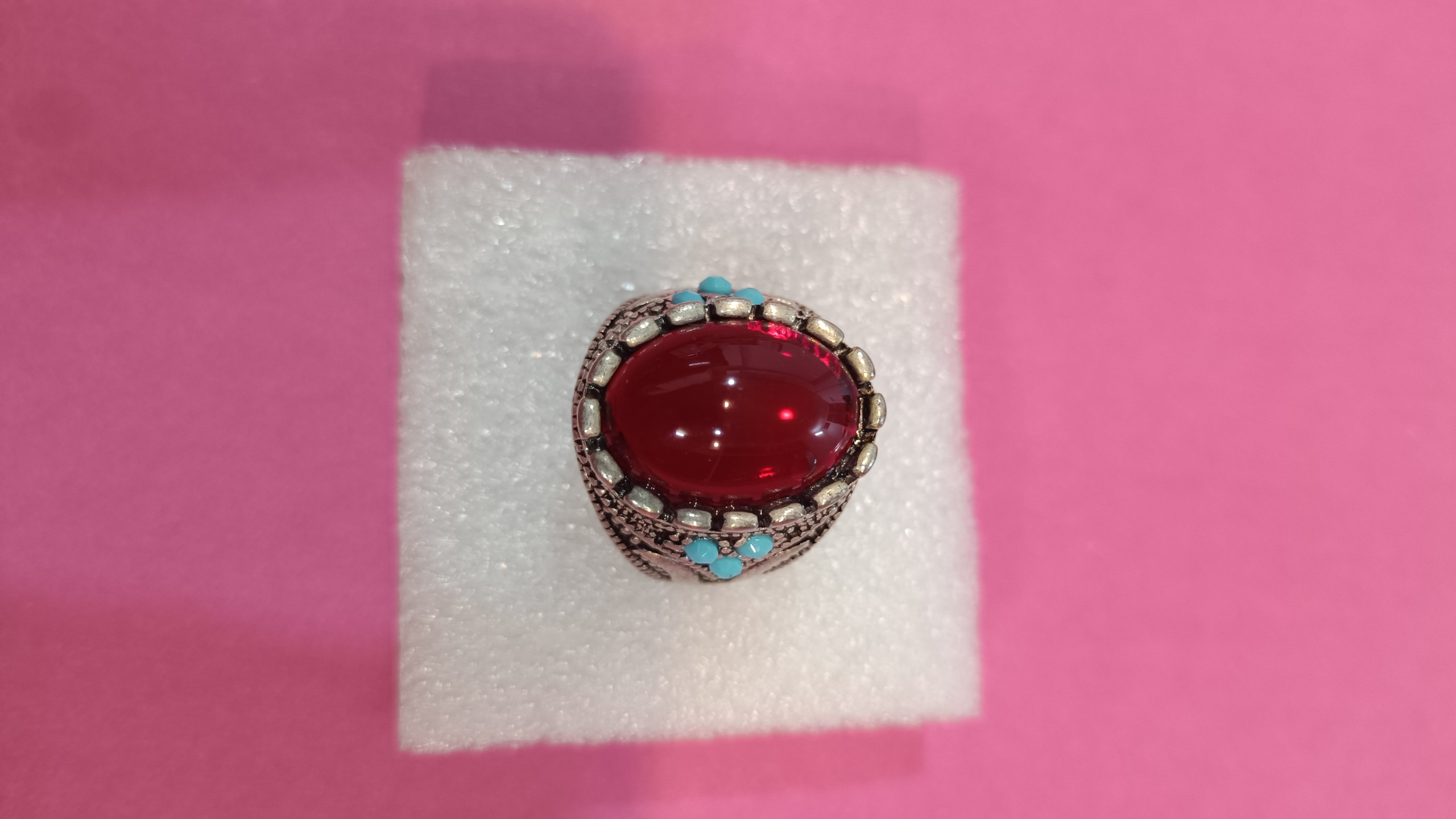 حراج انگشتر طرح نقره با نگین یاقوت و فیروزه