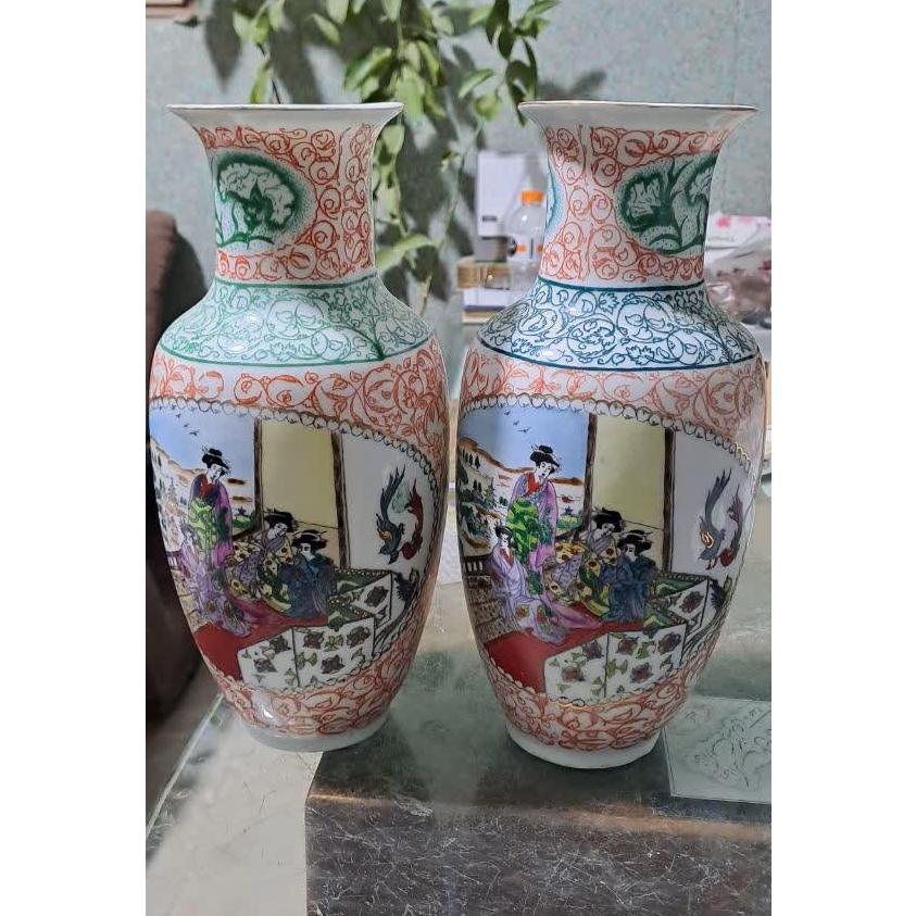 جفت گلدان قدیمی تمام نقاشی دست کمیاب