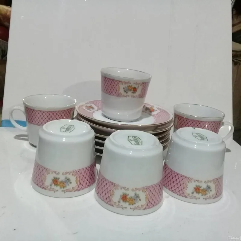 یکدست کامل فنجان ونعلبکی گل ترمه صورتی