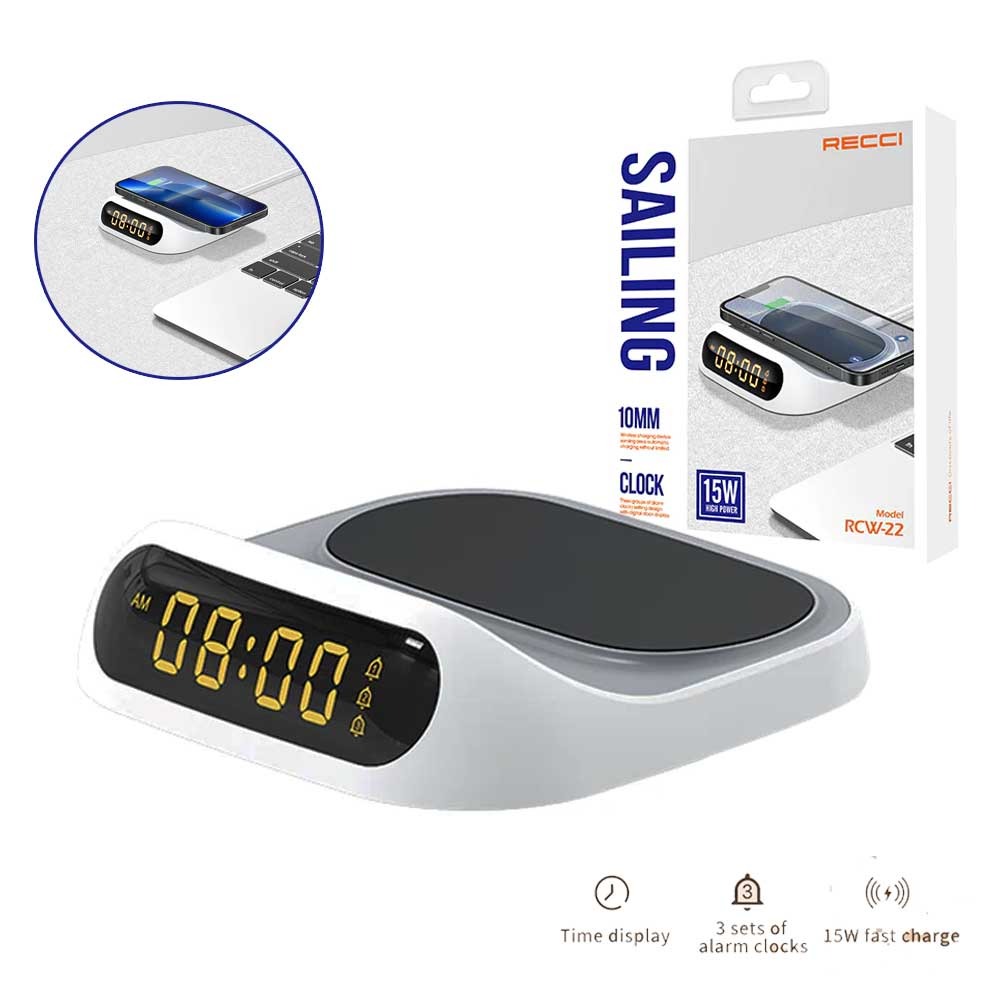 شارژر بی سیم 15 وات و ساعت رومیزی رسی Recci RCW-22