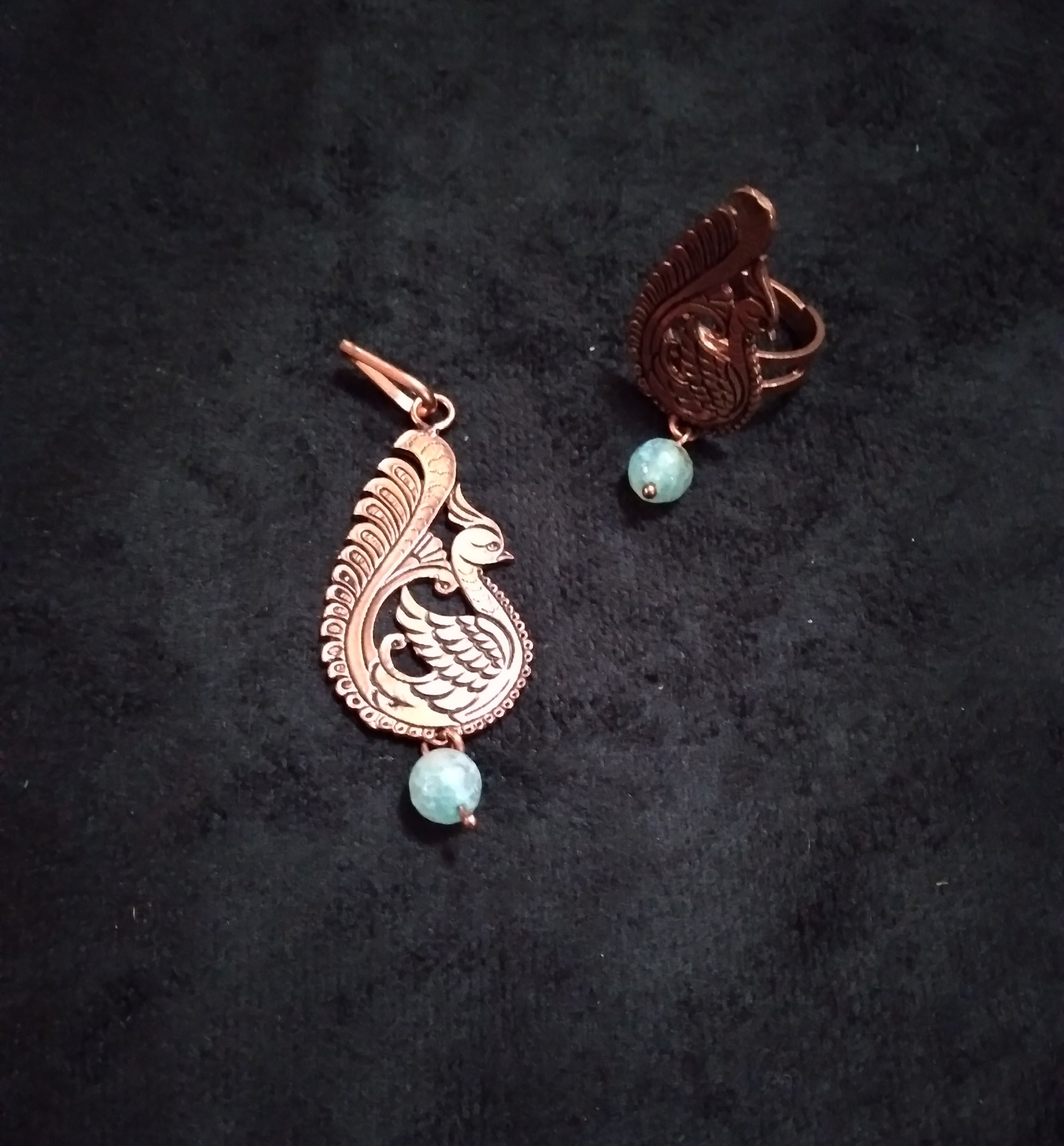 ست آویز و انگشتر طرح مرغابی با آویز سنگ مس