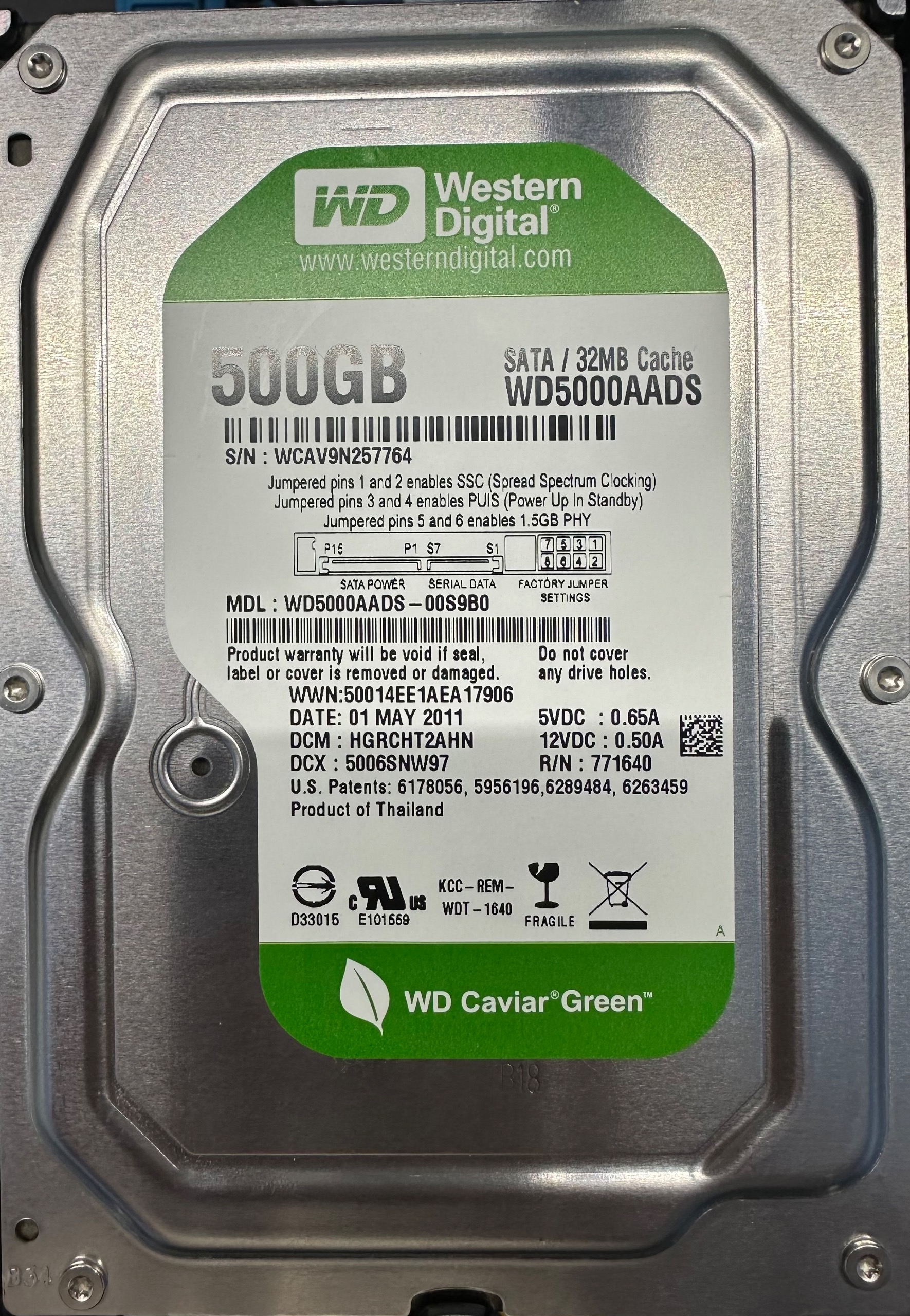 مزایده هارد WD Green 500GB سلامت 100 درصد