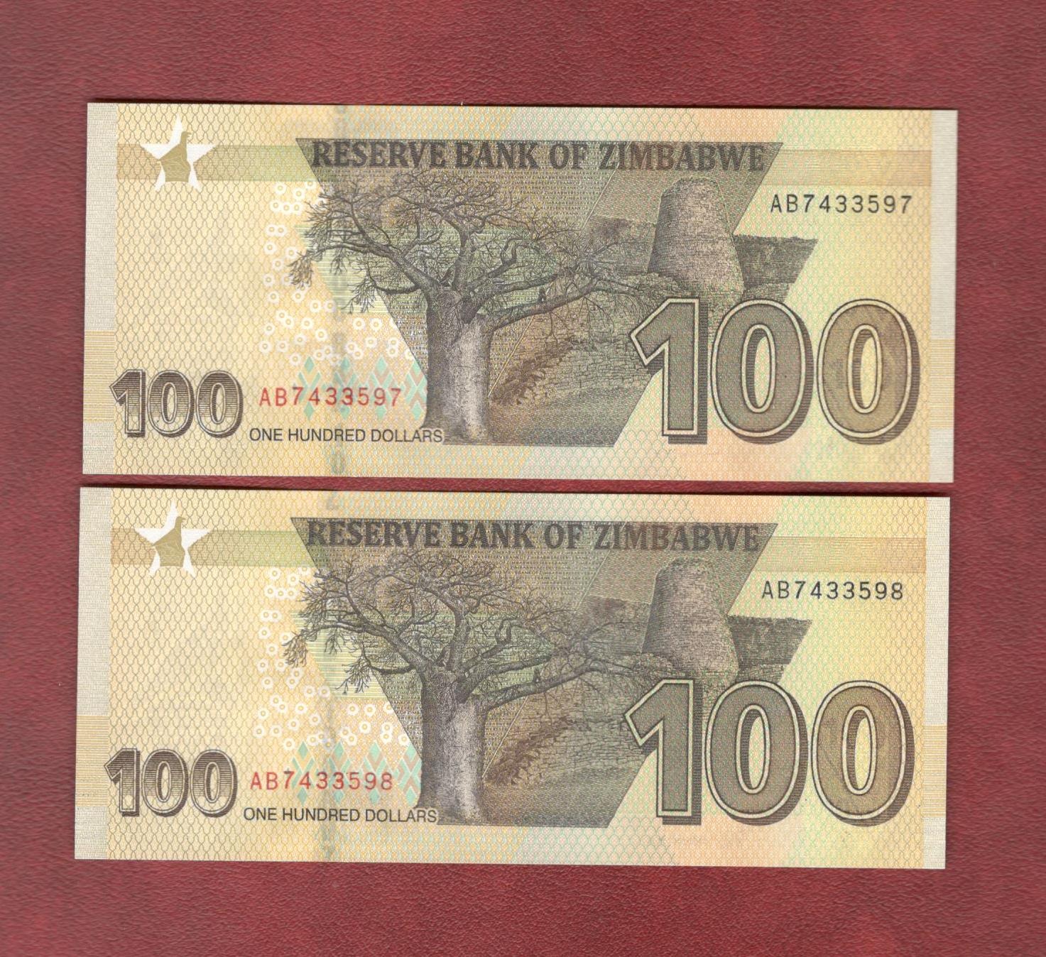 جفت اسکناس 100 دلار زیمباوه