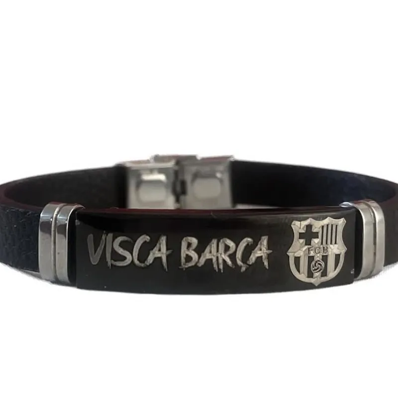 دستبند چرم استیل فوتبالی بارسلونا