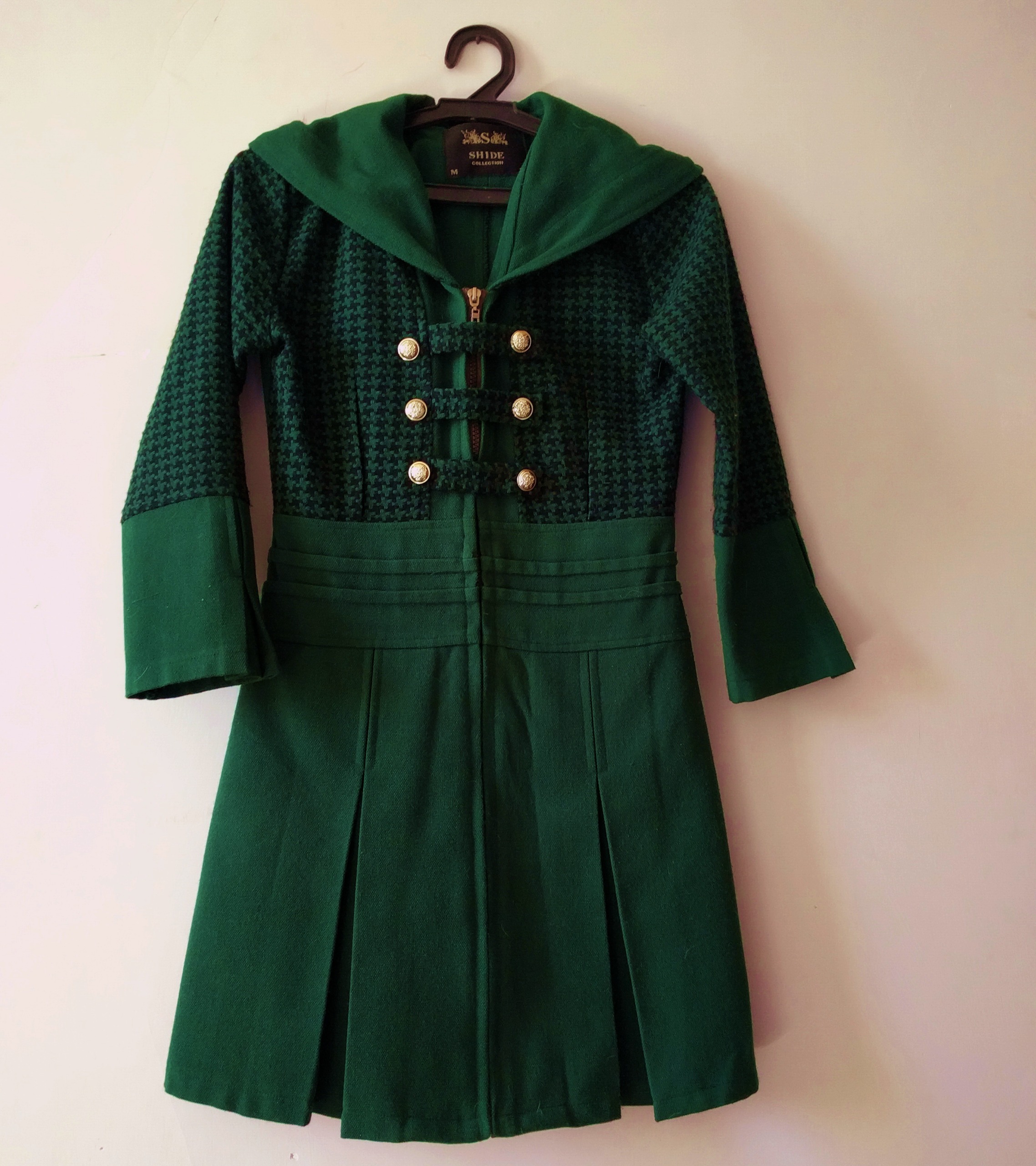 پالتو پشمی زنانه دخترانه کلاهدار زمستانی سبز تیره