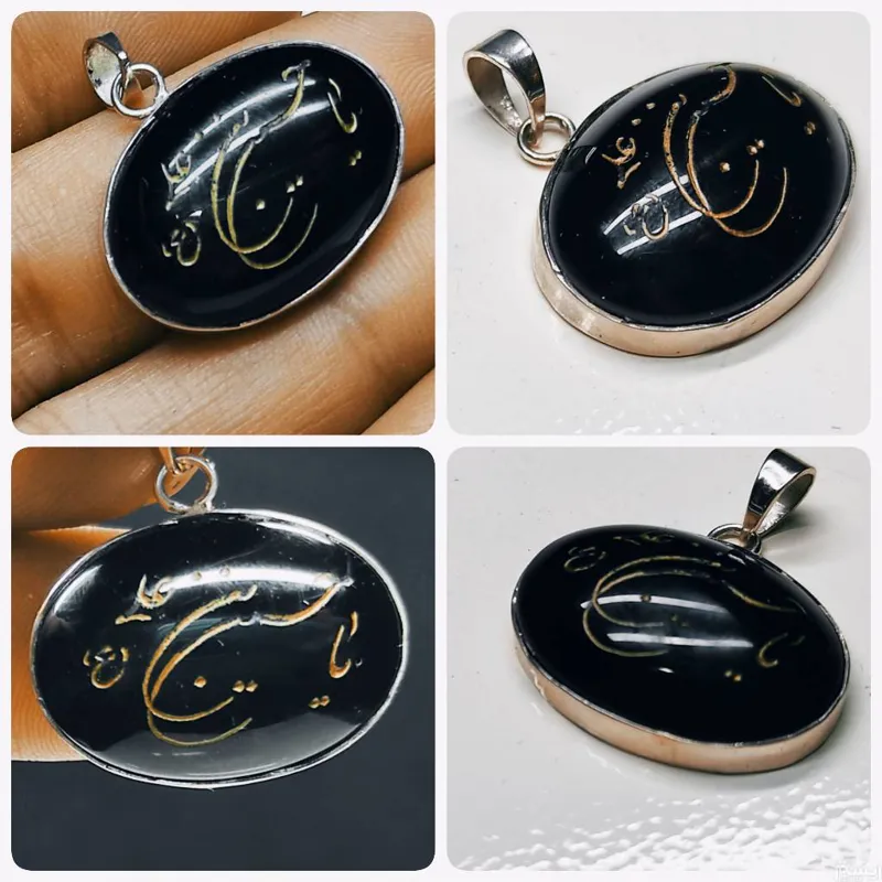 گردنی عقیق اونیکس حکاکی شده با قاب نقره دستساز