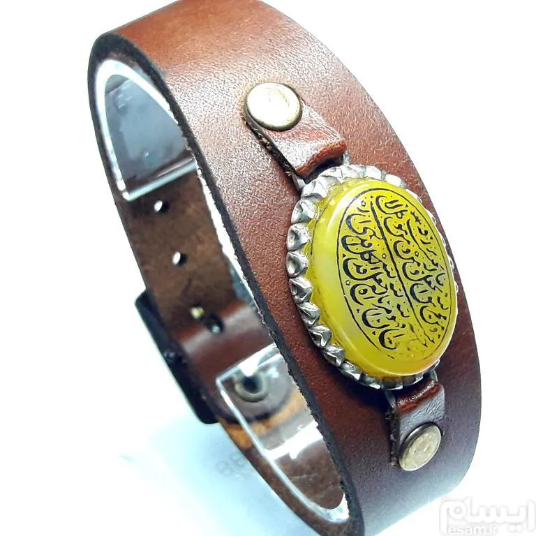 مزایده دستبندچرم گاومیش نقره و سنگ عقیق خطی