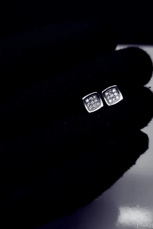 گوشواره نقره خارجی آب طلاسفید دستساز طرح چهارگوش