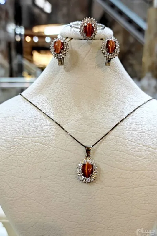 ست نقره و سنگ چشم گربه دستساز آبطلا سفید