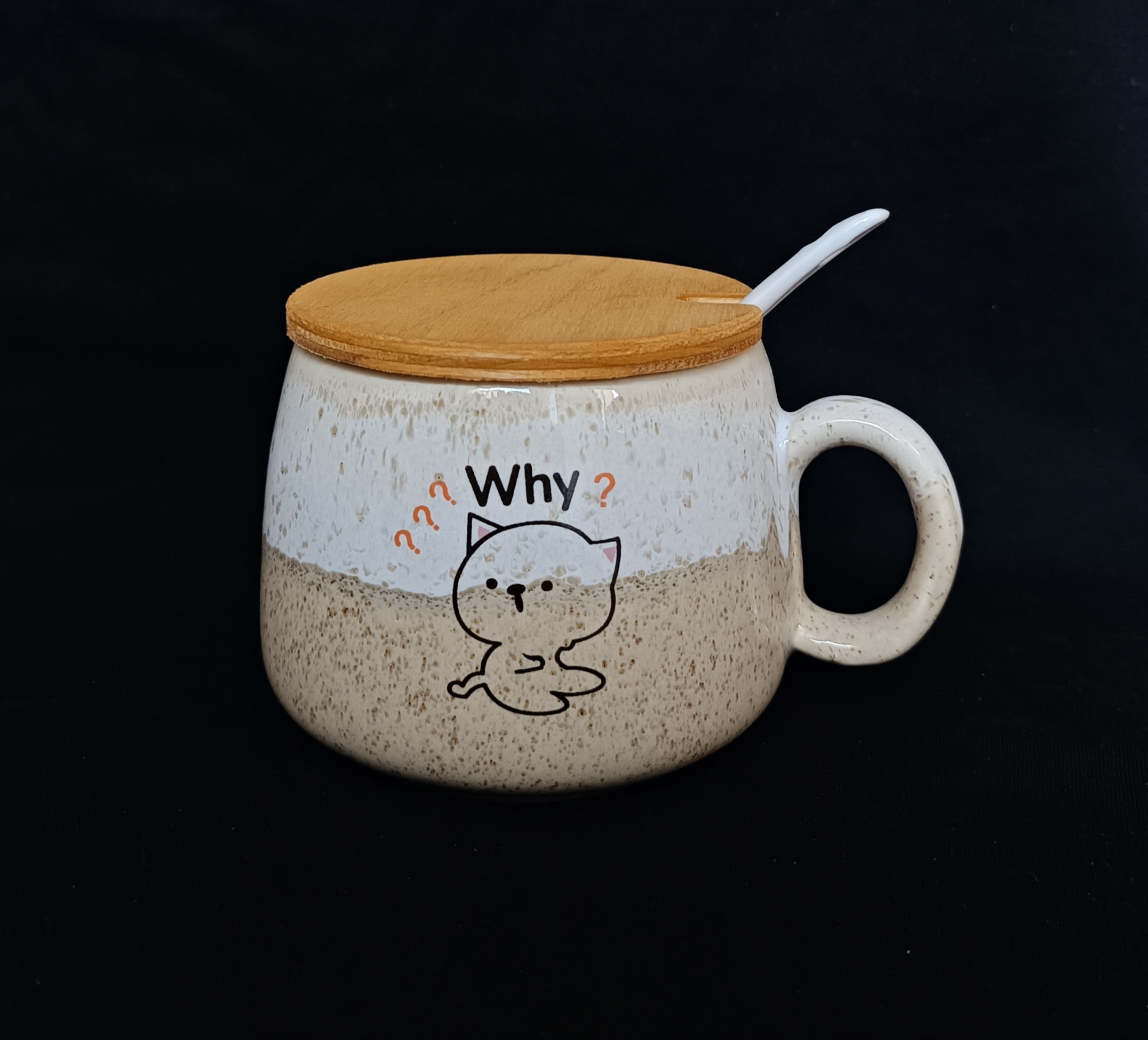 ماگ گرانیتی با درپوش چوبی و قاشق با کیفیت بالا