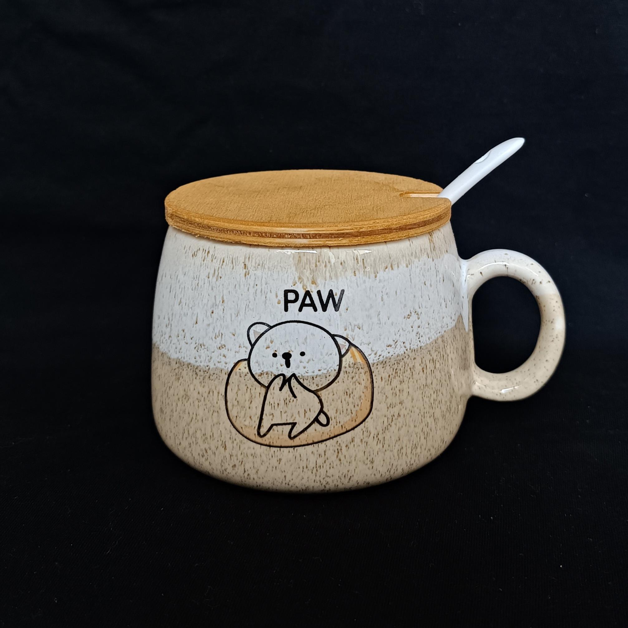 ماگ گرانیتی با درپوش چوبی و قاشق با کیفیت بالا