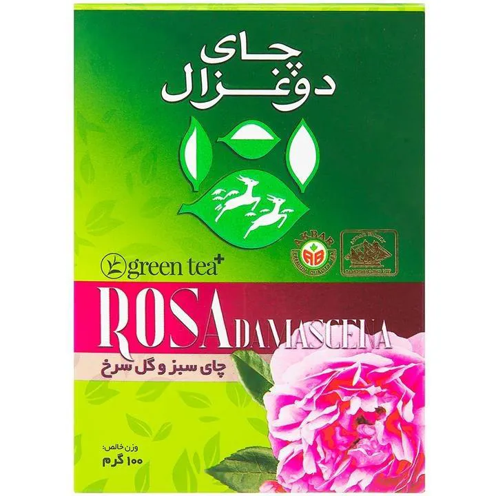 چای سبز جعبه مقوایی با گل سرخ 100گرمی دوغزال