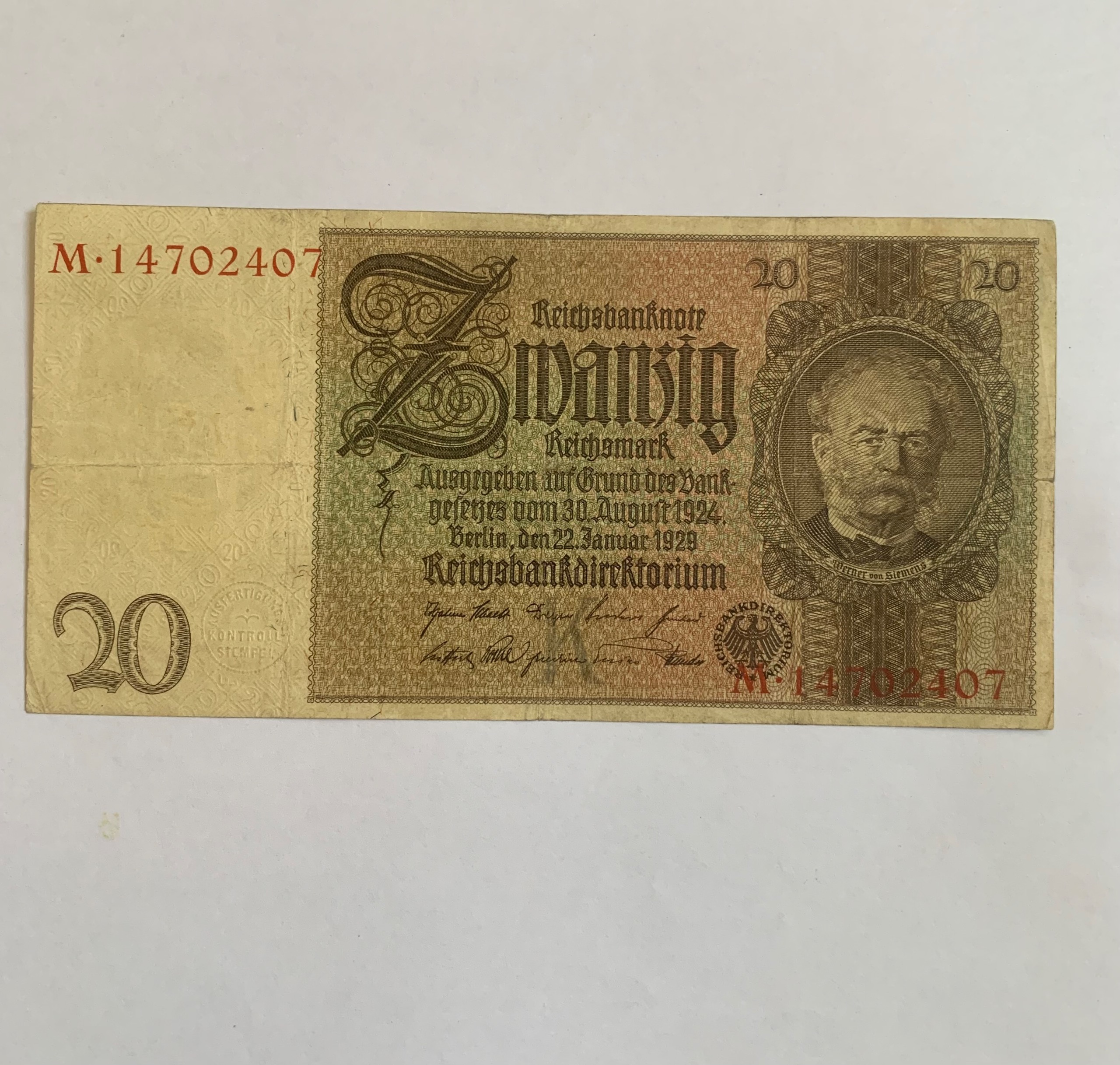اسکناس بیست مارک 1929 آلمان با مهر برجسته