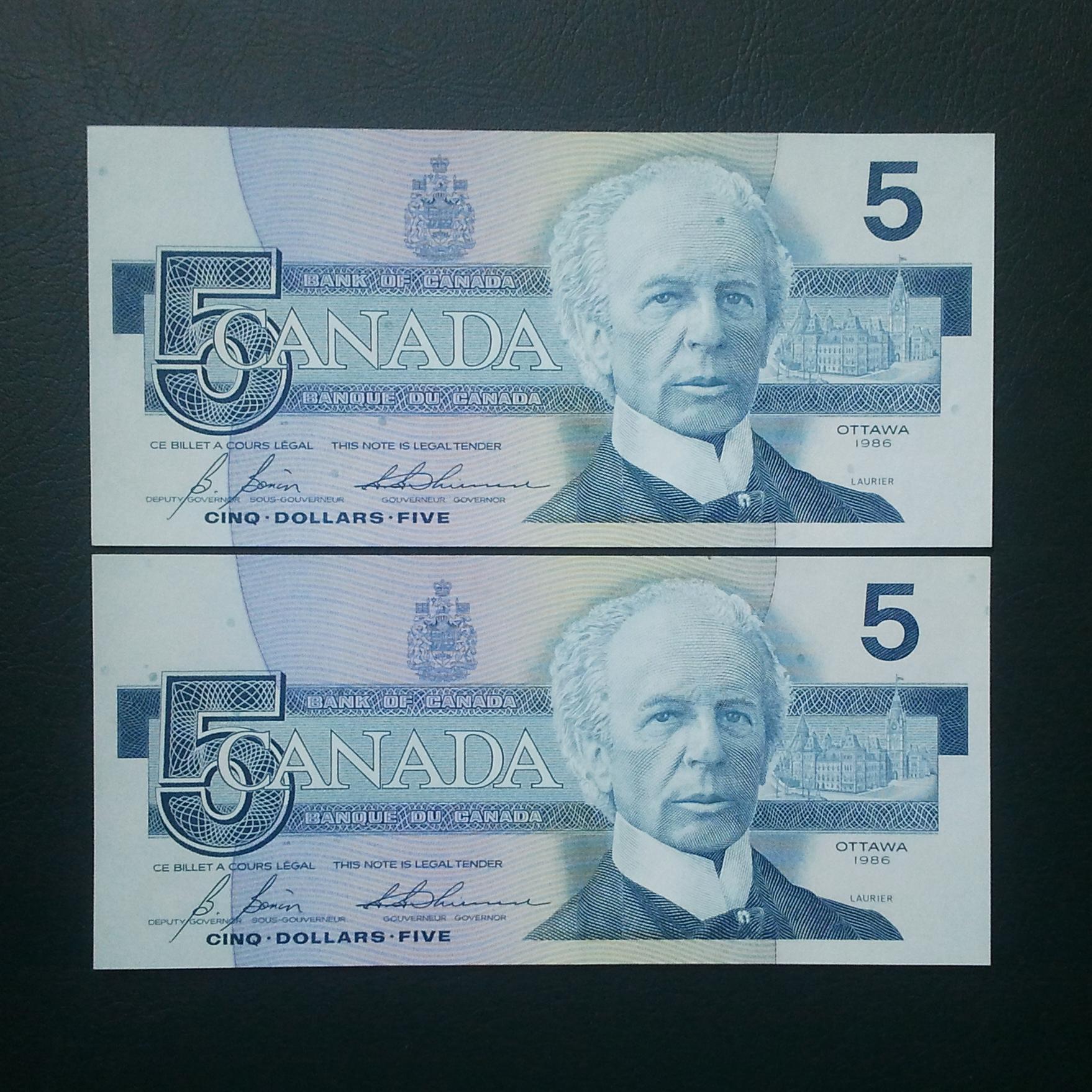 اسکناس تک 5 دلار کانادا 1986 یک برگ