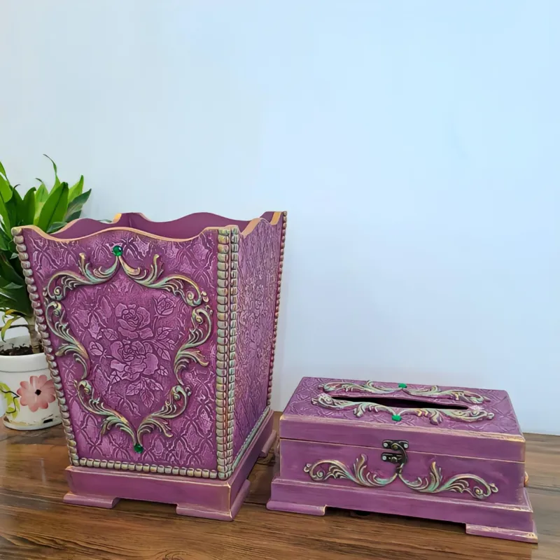ست سطل و جا دستمال کاغذی چوبی