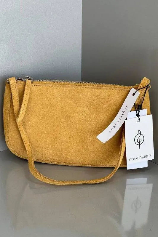 کیف باگت چرم طبیعی خردلی Stradivarius