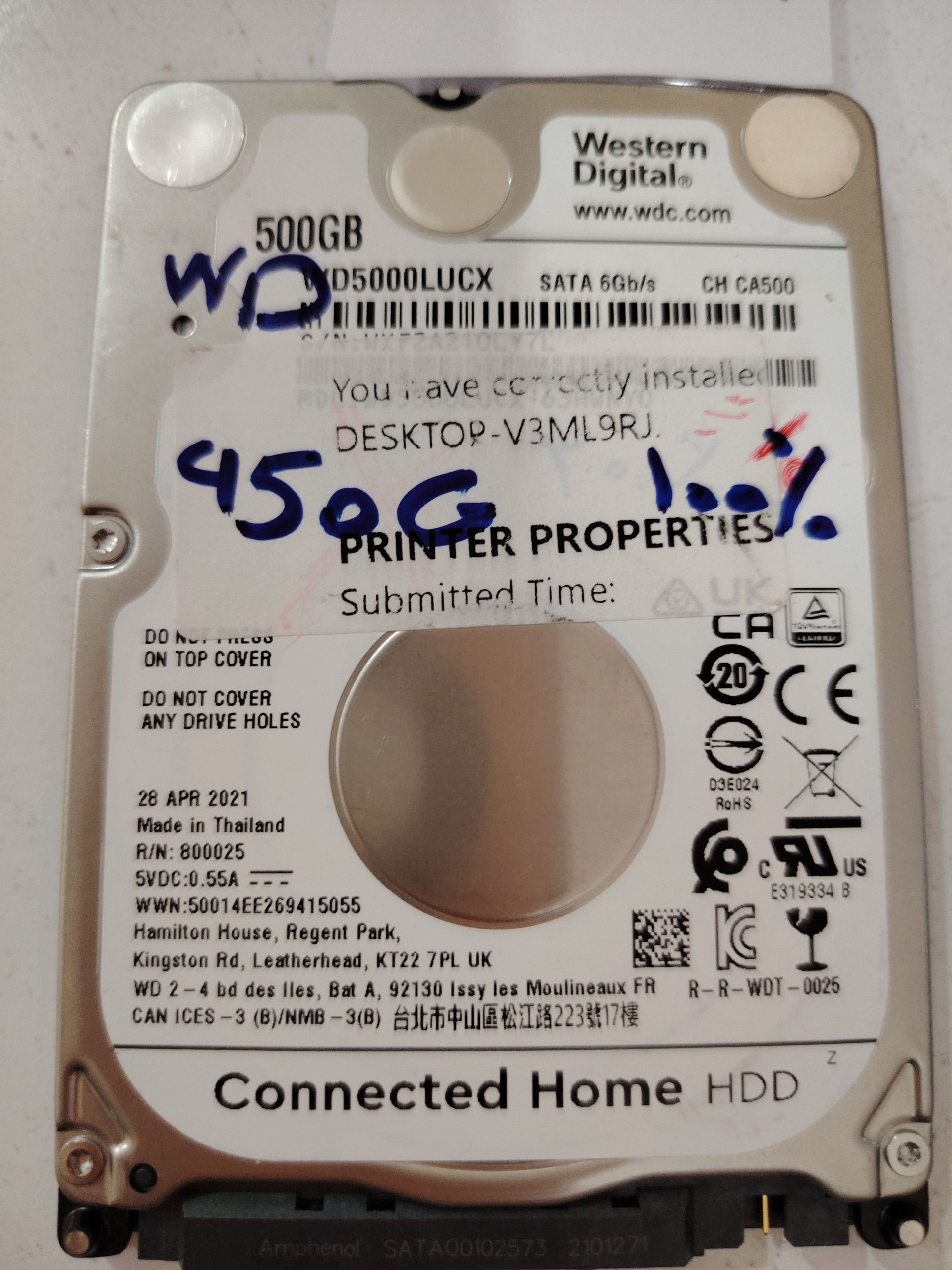 هارد لپ تاپ 2.5 اینچی 450 گیگ وسترن