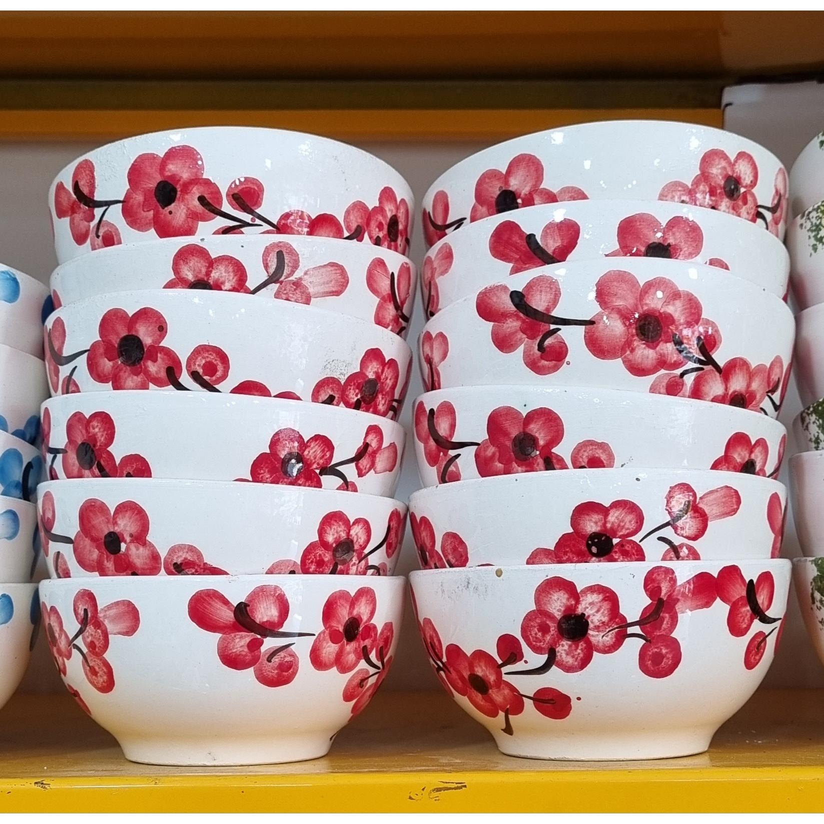 ماست خوری یا پیاله سفالی گلدار قرمز