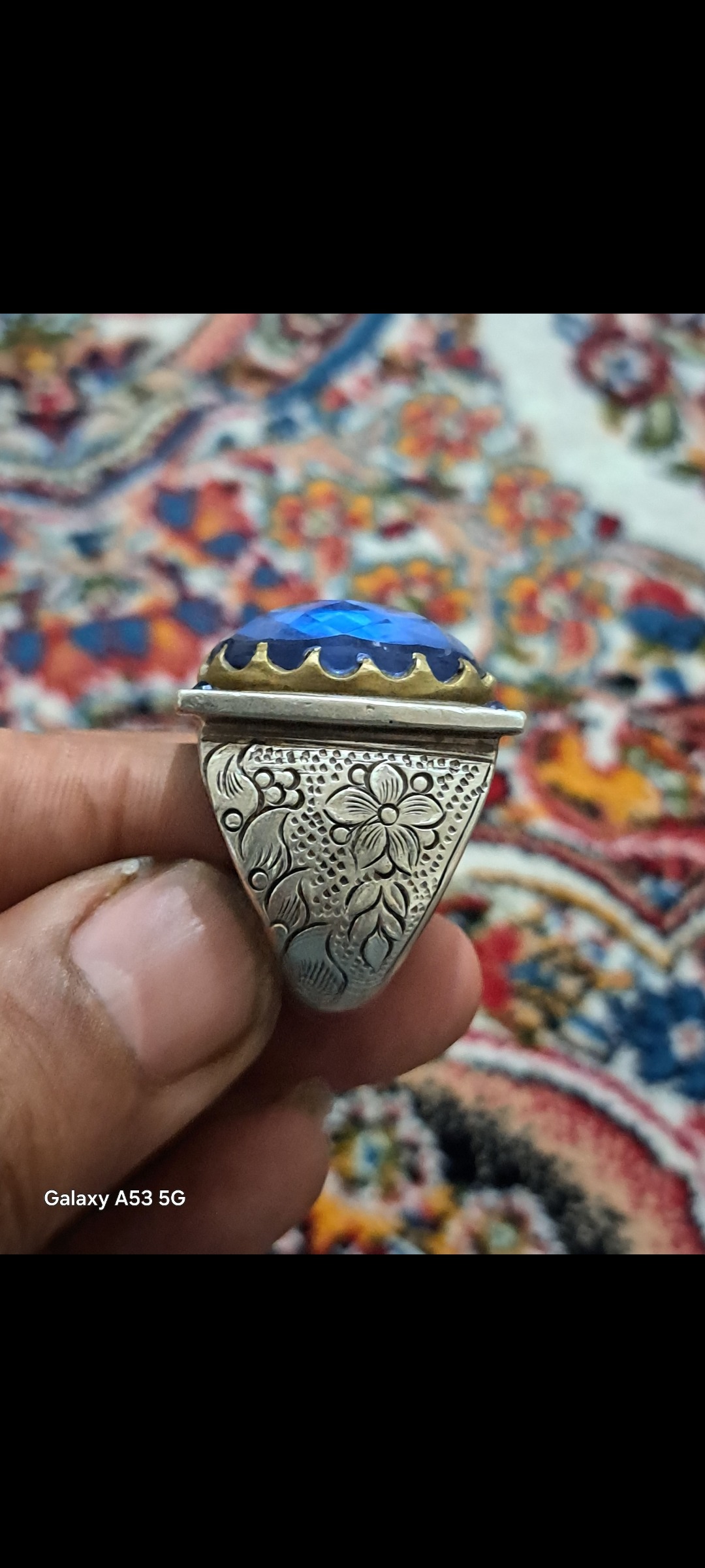 انگشترتوپاز نقره با قلمکاری دست و سنگین