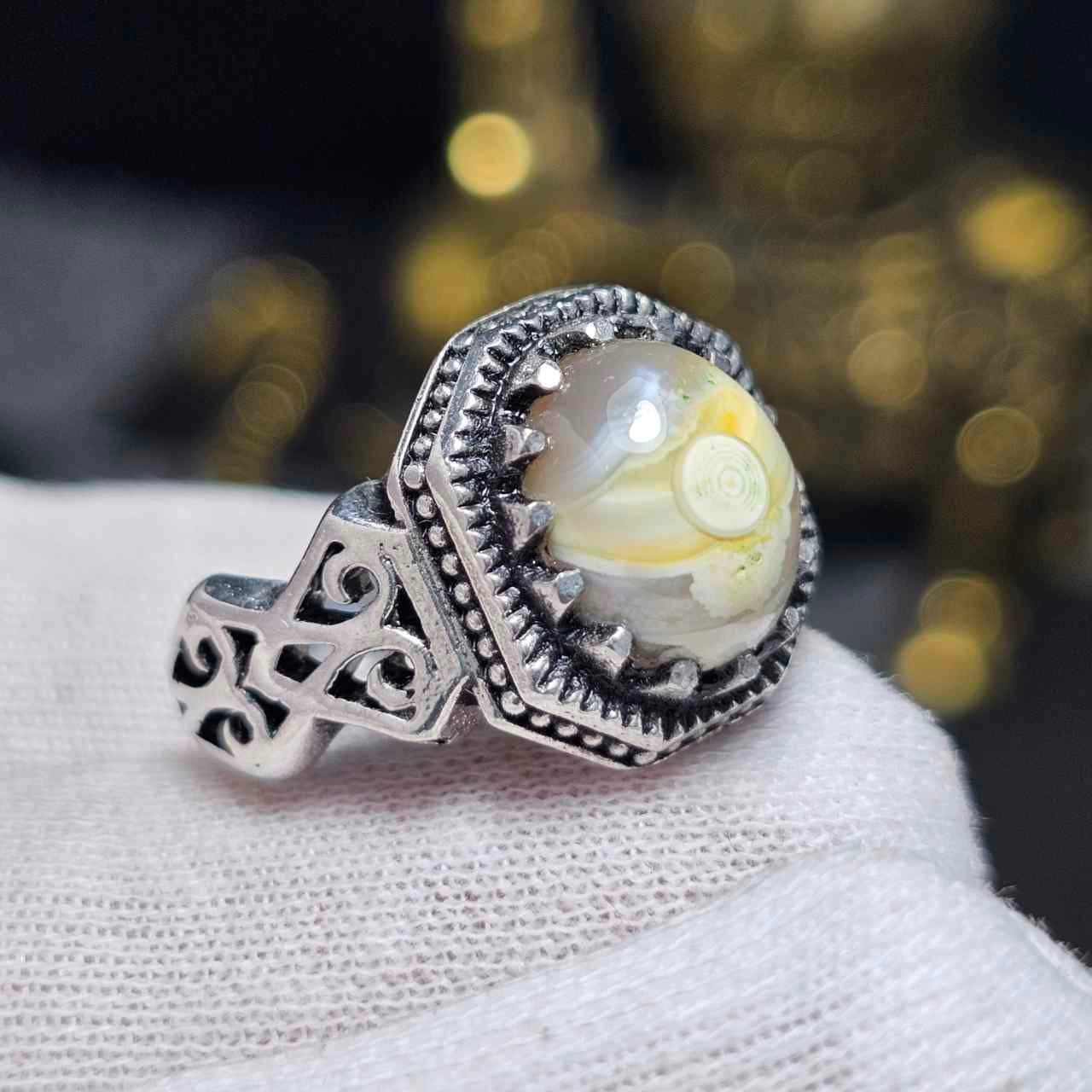 انگشتر نقره  روس با سنگ عقیق باباقوری معدنی 36583