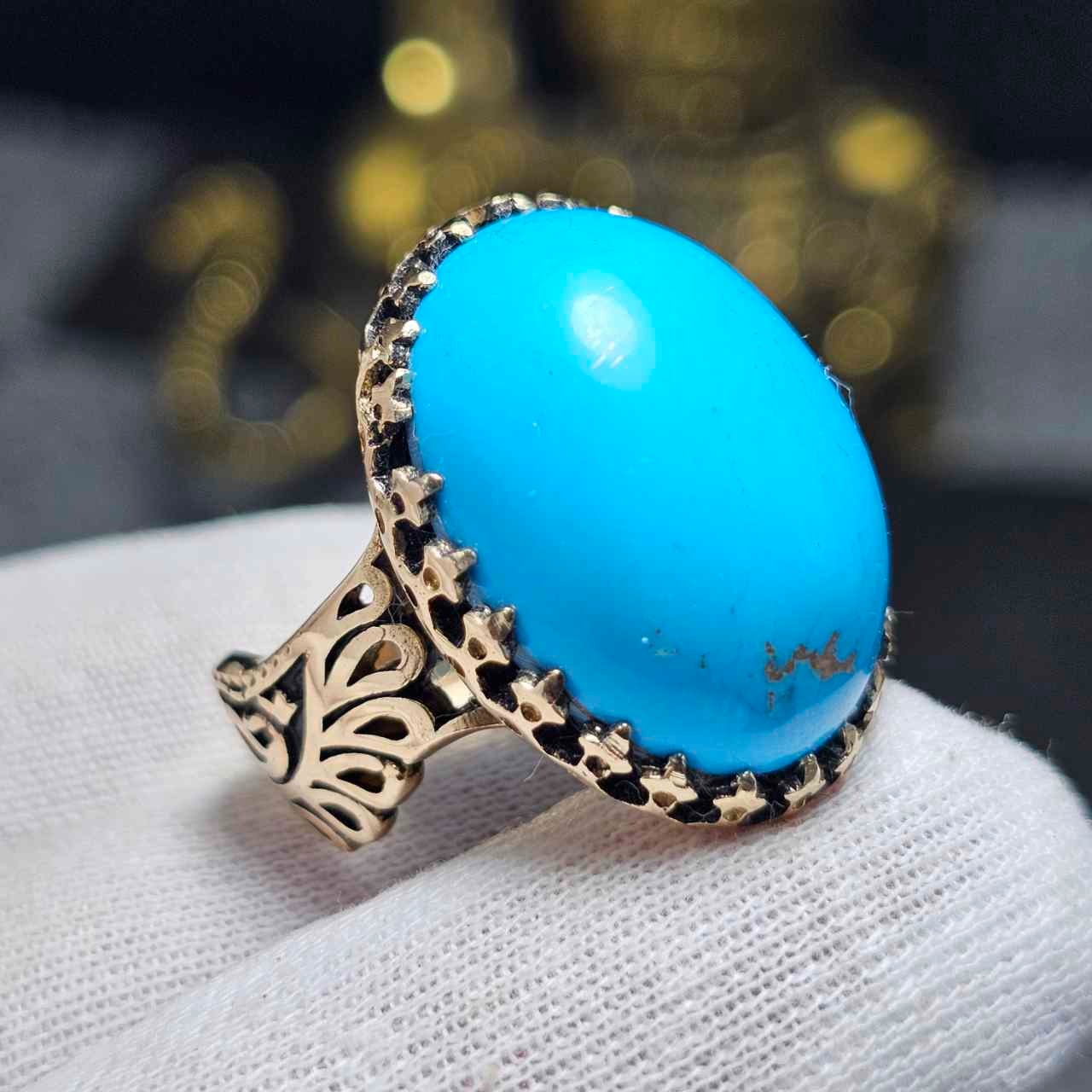 انگشتر طلاروس با سنگ فیروزه خوش رنگ معدنی 36563