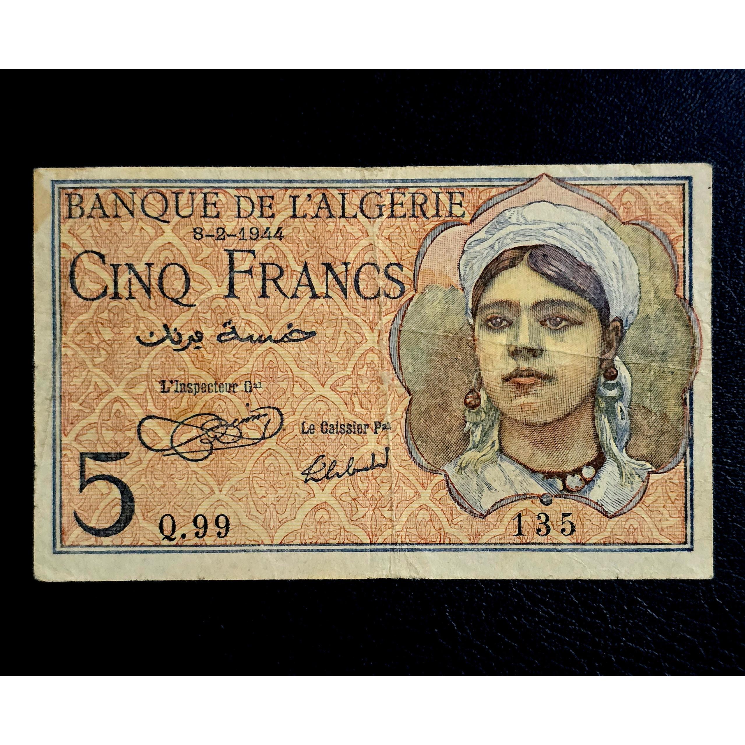 اسکناس کمیاب 5 دینار (فرانک) تاریخ 1944 الجزایر