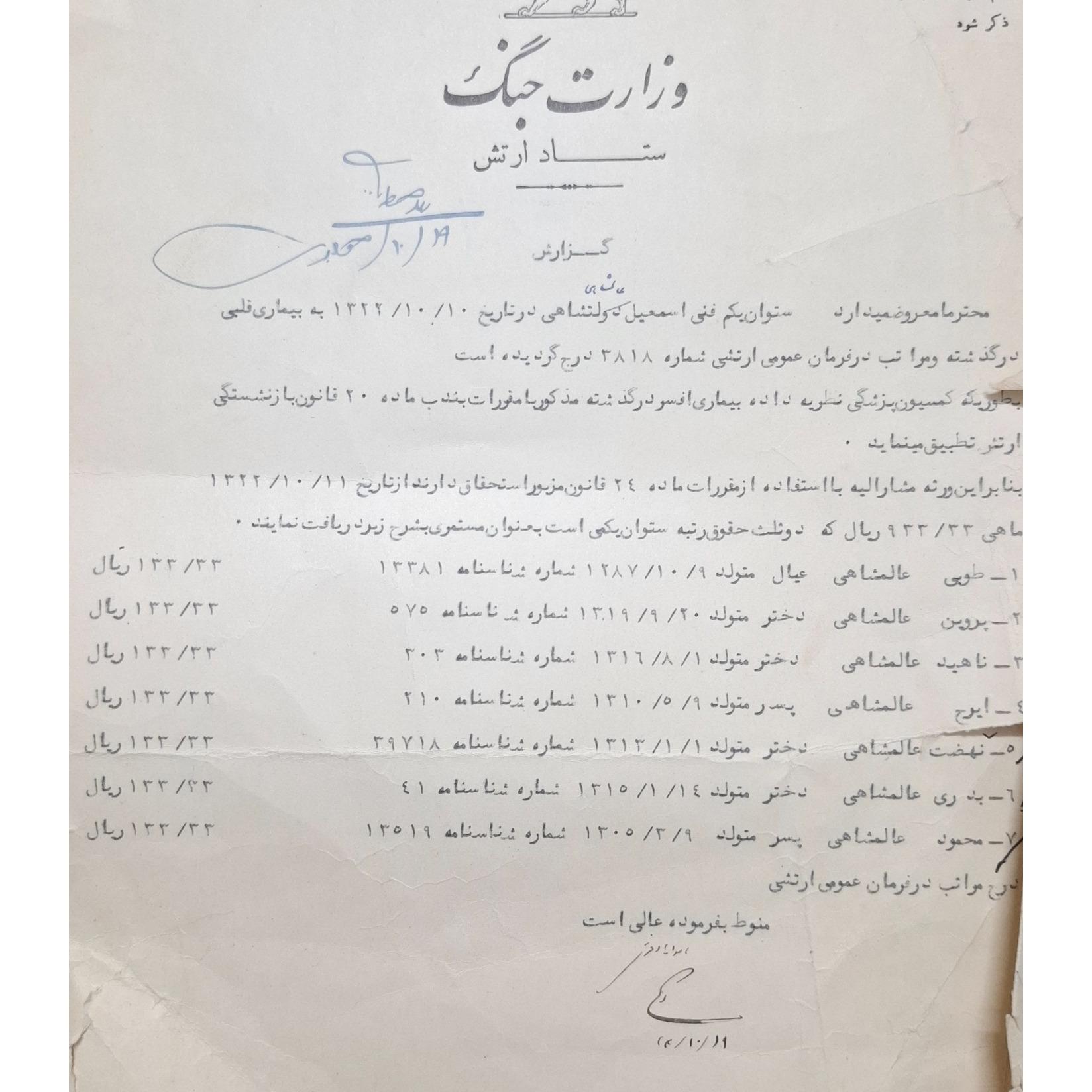 نامه ستاد ارتش وزارت جنگ