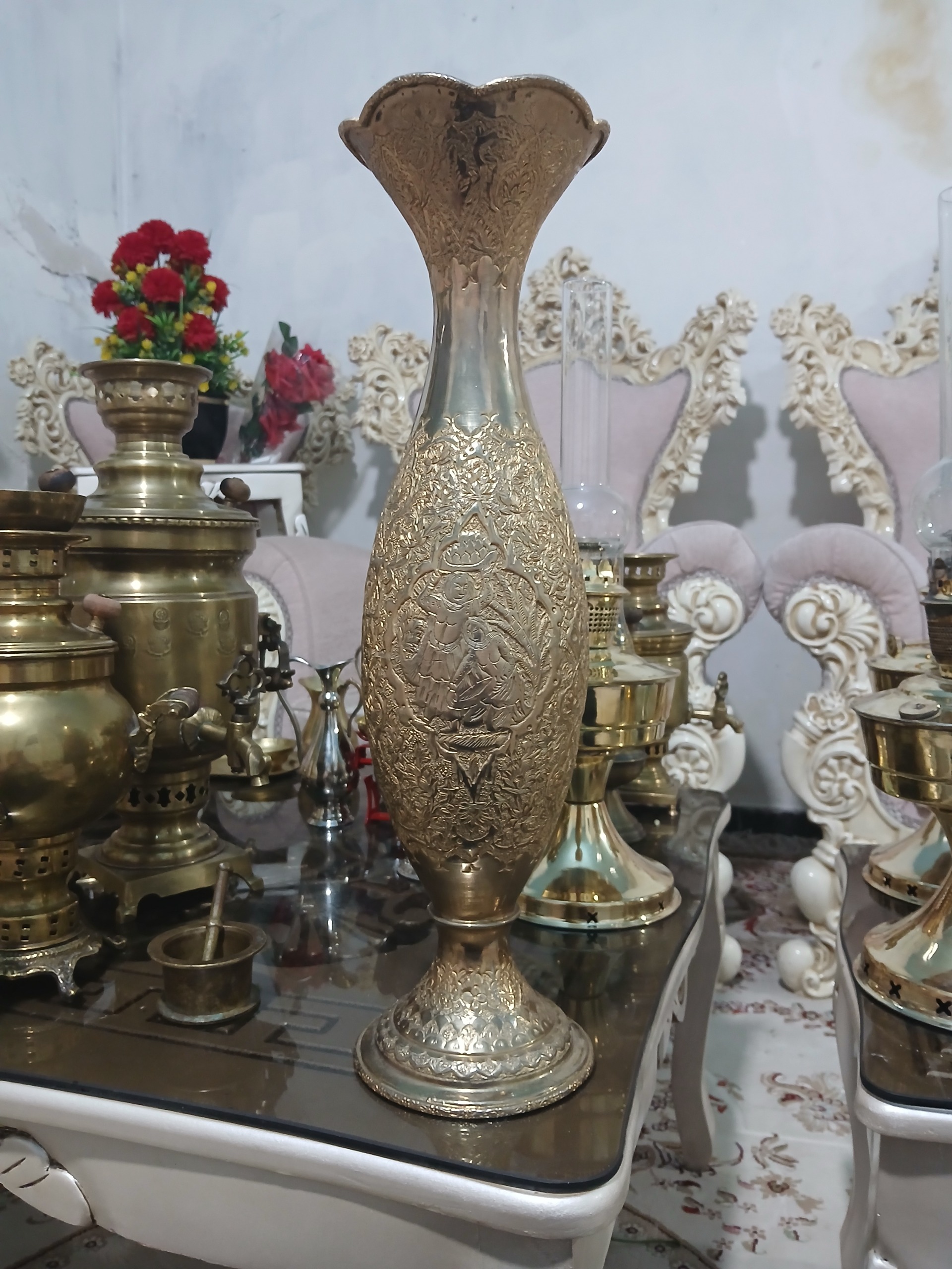 گلدان برنجی قلمکاری آنتیک